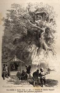 Ein Einsiedler in Kyoto (oder Kioto), isoliert in einer Hütte, die in den Ästen eines Baumes auf einer kleinen Insel liegt. Der Einsiedler kann nur auf die Großzügigkeit der Bewohner der Region zählen, die ihm seine Nahrung liefern; gegenüber seinem Baum e