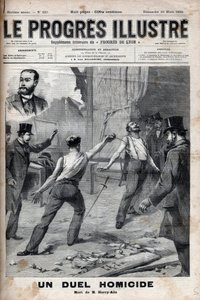 Ein Mordduell - Am 1. März 1895 ein Duell mit dem Speer zwischen zwei Mitgliedern des Komitees für Französisch-Afrika, die zuvor gute Kameraden waren, Alfred Le Chatelier und Hippolyte Percher, alias Harry Alis von Unknown artist