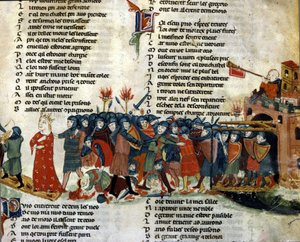 Ein König wird gefangen genommen und von der feindlichen Armee weggeführt, während die Opfer der Schlacht am Boden liegen. Miniatur aus dem „Roman de Troy“ von Benoit de Sainte Maure. 14. Jahrhundert, Biblioteca Marciana, Venedig von Unknown artist