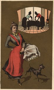 Eine Waschmaschine, die Wäsche in einem Korb trägt. Anonyme Chromolithographie, späte 19. Jahrhundert.