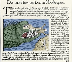 Ein Meeresmonster schlägt einen Schwimmer in der Nähe der Küste Norwegens. Gravur von Olaus Magnus (1490 - 1557), schwedischer Geistlicher und Geograph, „Historia de Gentis Septentrionalibus“, Venedig von Unknown artist