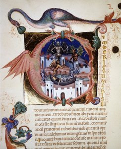 Eine Miniatur „A“ Buchstabe, der die Stadt des Teufels darstellt. 14. Jahrhundert Manuskript „De Civitate Dei“ von Augustinus. Biblioteca Comunale di Rimini von Unknown artist