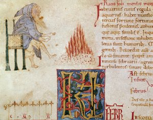 Ein Mönch wärmt seine Füße vor einem Feuer, Monat Februar von Unknown artist