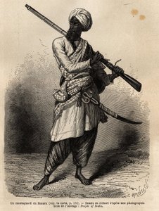 Ein Bergsteiger aus Hazara (Punjab, Indien). Gravur zur Illustration der Reise nach Pandjab und Kaschmir, Geschichte von Guillaume Lejean, 1866, veröffentlicht in "Le tour du monde, nouveau journal des voyages"