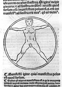 Eine Seite aus „Philosophiae Pauperum“ von St. Albertus Magnus (1206 - 1280). Illustration eines Mannes in einem Kreis