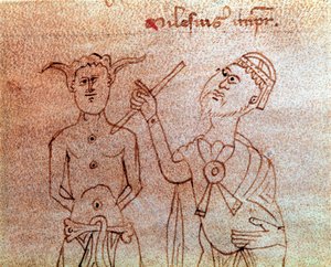 Ein Patient konsultiert einen Miniaturarzt aus dem Manuskript „De surgia“ 13. Jahrhundert Venedig, Biblioteca Marciana von Unknown artist