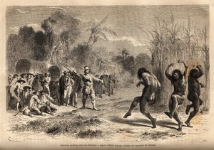 Ein friedliches Gespräch zwischen der Expedition des Autors und einigen Siriniris-Indianern (Stamm aus Peru, an der bolivianischen Grenze), die durch die Möglichkeit des Tauschhandels angelockt wurden. Gravur zur Illustration der Reise in die Täler von Qui