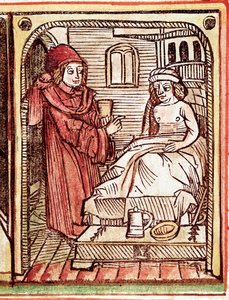 Ein Arzt gibt seinem Patienten eine Behandlung mit Heilpflanzen. Gravur aus „Tractatus de pestilentia“ 15. Jahrhundert - Prag, Nationalbibliothek von Unknown artist