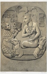 Eine Königin, die auf einem Sofa hockt und ein Geschenk von einer äthiopischen Frau erhält - in „Alte Denkmäler Mexikos: Palenqué und andere Ruinen der alten Zivilisation Mexikos“ von Brasseur de Bourbourg, Paris von Unknown artist