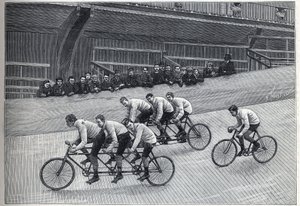 Ein Rekordfahrer mit seinen Trainern auf Dreifachzügen auf einer Radrennbahn. Gravur in "La Nature" von Unknown artist
