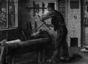 Ein Holzschuhmacher bei der Arbeit in seiner Werkstatt in Belgien. Gravur in der Zeitschrift „la jeunesse“ von Unknown artist