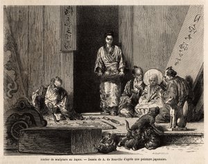 Eine Bildhauerwerkstatt in Yedo (oder Edo, dem heutigen Tokio), bearbeitet Granit für die Herstellung von Säulen, Statuetten, Kandelabern und Grabsteinen sowie Holzschnitzereien für die Herstellung von Altartafeln, dekorativen Holzarbeiten, Särgen und chim