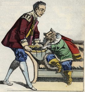 Ein Diener serviert dem gestiefelten Kater ein Tablett mit einer Maus. Illustration des Märchens „Der gestiefelte Kater“ von Charles Perrault