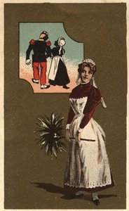 Eine Dienerin mit einer Feder. Sie träumt vom Arm eines hübschen Soldaten. Anonyme Chromolithographie, späte 19. Jahrhundert.