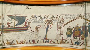 Ein Schiff landet in der Normandie und bringt Nachrichten von Harolds Krönung, Teppich von Bayeux von Unknown artist