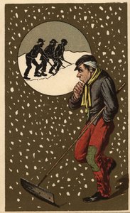 Ein Schneesammler mit seiner Schaufel. Anonyme Chromolithographie, späte 19. Jahrhundert.
