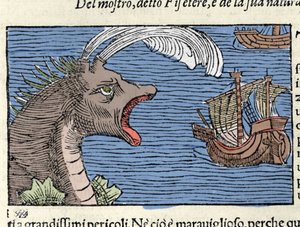 Ein Pottwal (?) (Physeter) greift ein Schiff an. Gravur von Olaus Magnus (1490-1557), schwedischer Geistlicher und Geograph, „Historia de Gentis Septentrionalibus“, Venedig von Unknown artist