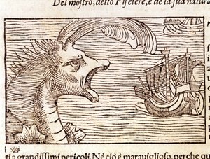 Ein Pottwal (?) (Physeter) greift ein Schiff an. Gravur von Olaus Magnus (1490 - 1557), schwedischer Geistlicher und Geograph, „Historia de Gentis Septentrionalibus“, Venedig von Unknown artist