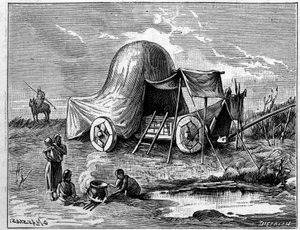 Ein Zelt auf einem Wagen aus der Zeit der Gallier. Stich in „La Nature: revue des sciences et de leurs applications aux arts et a l