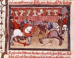 Ein Ritterturnier zur Zeit von König Karl V. von Frankreich (1338-1380). Miniatur aus „Les grandes Chroniques de France“ 14. Jahrhundert, Chantilly, Musée Condé
