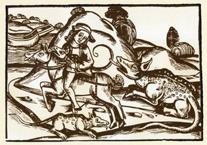 Ein Reisender trifft auf zwei monströse Tiger mit dem Aussehen von Basilisken. Die Fabeln von Äsop