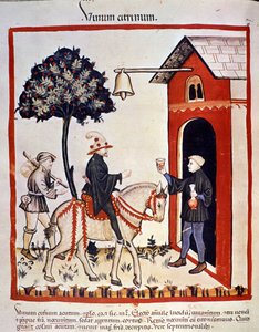 Ein Reisender wird in einem Gasthaus willkommen geheißen und ihm wird ein Glas Wein angeboten. Illumination aus der Milchwirtschaft und Diätetik „Tacuinum sanitatis“