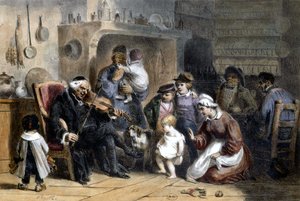 Eine Nachtwache: Familie versammelt sich um einen Priester, der Geige spielt. 19. Jahrhundert