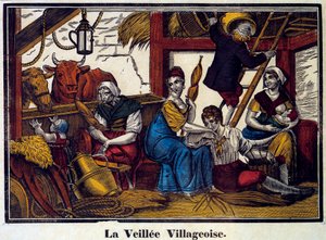 Ein Dorf bei Nacht: eine Bauernfamilie in einer Scheune. Gravur des 19. Jahrhunderts. Paris, B.N. von Unknown artist
