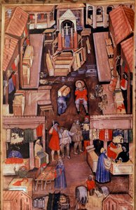 Ein Spaziergang: Tuchhändler, Schneider, Bekleidungshändler in einer französischen Stadt. Oben, Bau einer Miniaturkirche aus einem Manuskript des 15. Jahrhunderts von Unknown artist