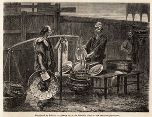 Ein wandernder Bratwarenhändler, trägt seine Donuts in Körben und reist zum Markt, um sie den anderen Händlern zum Mittagessen zu verkaufen. Gravur zur Illustration der Reise nach Japan, 1863-1864, von Aimé Humbert, Minister der Schweizerischen Eidgenossen