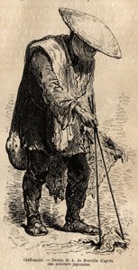 Ein wandernder Lumpensammler, der mit langen Stäbchen die Lumpen greift, die er in seinem Korb aufbewahrt, bevor er sie an einen Großhändler verkauft. Gravur zur Illustration der Reise nach Japan, von Aime Humbert, Minister der Schweizerischen Eidgenossens