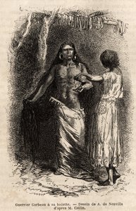 Ein Krieger des Crow-Indianerstammes (Krähen), der entlang des Lewis River lebt, bei seiner Toilette. Gravur zur Illustration eines Ausflugs unter die Indianerstämme der Becken von Kolumbien und Oberer Missouri, von G. Catlin, 1855, veröffentlicht in "Le t von Unknown artist