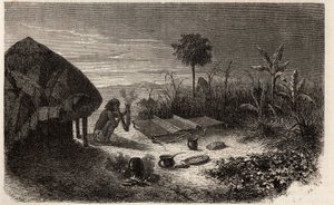 Ein Weber und sein Weber, am Ufer des Sambesi-Flusses. Gravur zur Illustration von Dr. Livingstones ersten Reisen nach Südafrika von 1840 bis 1856, in „Le tour du monde, nouveau journal des voyages“, herausgegeben von Edouard Charton von Unknown artist