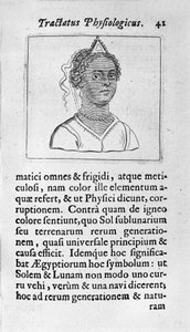 Eine Frau hat schwarze Haut. Seite aus „Tractatus physiologicus de pulchritudine“ von Ernesto Venio (Ernestus Vaenius), 1612