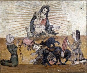 Ein Junge wird von einer Gruppe Wildschweine angegriffen. Ex voto des 16. Jahrhunderts des Heiligtums der Madonna del Monte bei Cesena (Forlì). von Unknown artist