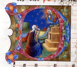 Abraham wird vom Herrn eingeladen, sein Land zu verlassen. Miniatur aus einem Chorbuch des 15. Jahrhunderts (civitatis von Augustinus). Bibliothek von Lodi
