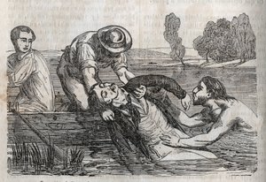 Unfallmedizin - über die wirksamste Hilfe für Ertrinkende - um einen Ertrinkenden aus dem Wasser zu holen, muss man es so bequem wie möglich tun - Gravur in „La Sante Universelle - Guide Medical des Familles“ 1852