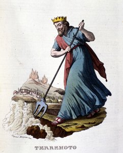 Laut griechischer Mythologie werden Erdbeben von Neptun verursacht, der die Erde mit seinem Dreizack erschüttert. Gravur aus dem 19. Jahrhundert von Unknown artist
