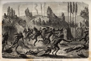 Nach der Zeremonie der Selbsthingabe an den Großen Geist, tanzen die jungen Krieger einen frenetischen und ausufernden Tanz, die Schwächsten werden auf dem Boden geschleift, unter den Mandan-Indianern (oder noumah ka kie: Fasanen), am linken Ufer des Misso von Unknown artist