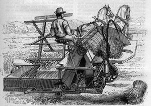 Landwirtschaft und landwirtschaftliche Maschinen: Ein neuer Mähdrescher, der von Pferden gezogen wird und die Garben automatisch bindet. Gravur in La Nature von Unknown artist
