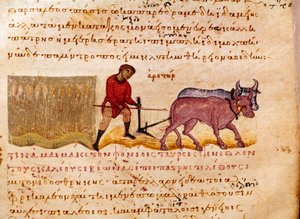 Landwirtschaft: Pflügszene. Miniatur aus „Die Cynegetik“ von Oppian von Syrien, gewidmet Caracalla