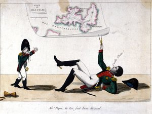 Ah, Papa, du hast dich verletzt. Karikatur über das Exil von Napoleon Bonaparte auf der Insel Elba. von Unknown artist