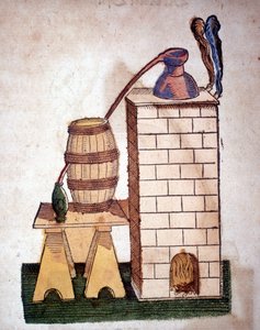 Alchemie: Apparatur zur Destillation. Gravur aus einem Buch von Pietro Andrea Mattioli (Matthiole) (1500-1577). Frankfurt