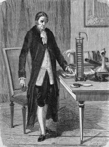 Alexander (Alessandro) Volta baute im Dezember 1799 den Elektromotor (oder die Batterie). In „Album de la Science“, Éditions Jouvet