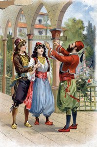 Ali Baba. (Ali-Baba) (Geschichten aus Tausendundeiner Nacht): Um Morgiane zu belohnen, gibt Ali Baba sie seinem Sohn zur Ehe. Chromolithographie des 19. Jahrhunderts