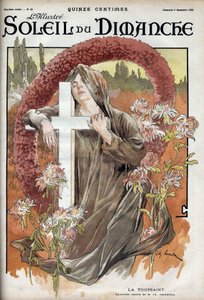 Allerheiligen. Allegorie der Totenfeier mit einer Frau in Trauerkleidung auf einem katholischen Kreuz auf einem Friedhof. Gravur in „Le sun-du-dimanche“, 5. November von Unknown artist