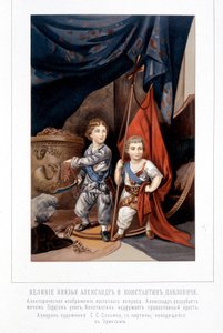 Allegorische Figur: Alexander durchtrennt den georgischen Knoten der östlichen Frage und sein Bruder Konstantin installiert das orthodoxe Kreuz - in „Der Kaiser Alexander I.“ von Schilder von Unknown artist
