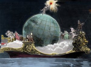 Allegorie über den Fortschritt von Wissenschaft und Technik im Zusammenhang mit Elektrizität: um den Globus sind der italienische Physiker Guglielmo Marconi (1874-1937), Erfinder des Telegraphen, eine Frau an einer drahtlosen Telegrafiestation und links B von Unknown artist