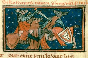 Allegorie über die Gesellschaft des Mittelalters: „Der Fuchs verwundet Isengrin im Einzelkampf“. Miniatur aus dem Manuskript „Der Roman von Renart Le Nouvel“ von Jacquemart Gielee von Unknown artist