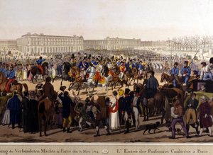 Die Alliierten zogen am 31. März 1814 in Paris ein (Russland Alexander I., der österreichische Kaiser Franz Joseph I. und der preußische König Friedrich Wilhelm III.). Gravur aus dem 19. Jahrhundert von Unknown artist